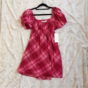 Spoiled Pink Plaid Puff-Sleeve Dress